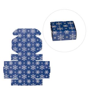 Box, paper, dark blue and white, 3x3x1-inch unassembled square with snowflake design. Sold per pkg of 10.
