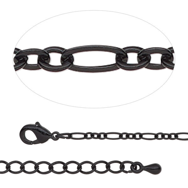 Chain, black-finished steel and brass, 2.5mm figaro, 18 inches with 2-inch extender chain and lobster claw clasp. Sold individually. image number 0