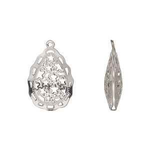 Drop, stainless steel, 18x13.5mm double-sided domed teardrop with textured cut-out stars design. Sold per pkg of 6.