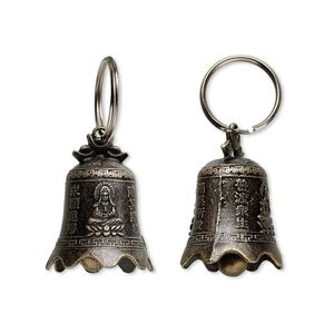 Bell, antique brass-finished "pewter" (zinc-based alloy), 42x30mm bell with clapper and Quan Yin design. Sold per pkg of 4.