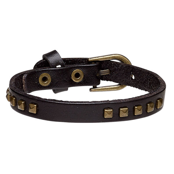 Bracelet, leather (dyed) and antique brass-plated steel, black, 10mm wide with square studs, adjustable from 6-1/2 to 7-1/2 inches with buckle-style closure. Sold individually. image number 0