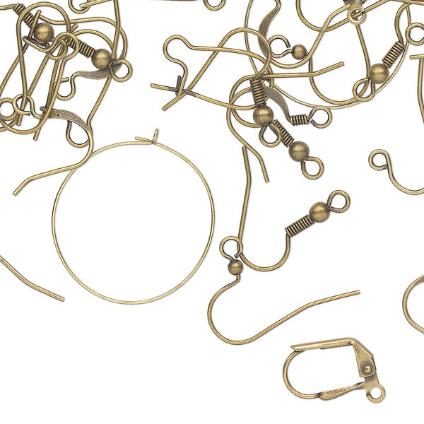 Ear wire mix, antique gold-plated brass and steel, 8 ear wire styles. Sold per pkg of 50 pairs. image number 0