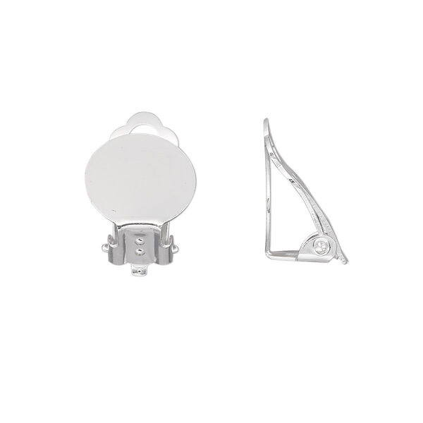 Earring, clip-on, silver-plated steel, 16mm hinged with 12mm round flat pad. Sold per pkg of 50 pairs. image number 0