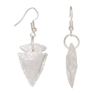 Earring, Everyday Jewelry, quartz crystal and silver-finished brass, 25x14-35x20mm hand-knapped arrowhead with fishhook ear wire. Sold per pair.