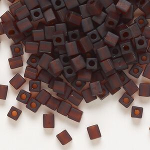 Seed bead, Miyuki, glass, pkg/25g, 3.5-3.7mm square, translucent frosted dark amber yellow (SB-134F).