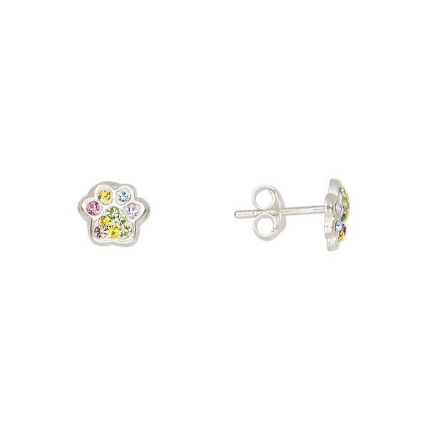 Earstud sterling silver / Preciosa crystal 1pkg2, 7.5x6.5mm paw / earnuts included, Create Compliments® multicolored 1 pair image number 0