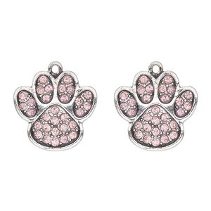 Charm, antique silver-finished "pewter" (zinc-based alloy) and glass, pink, 24x23mm single-sided paw print. Sold per pkg of 2.