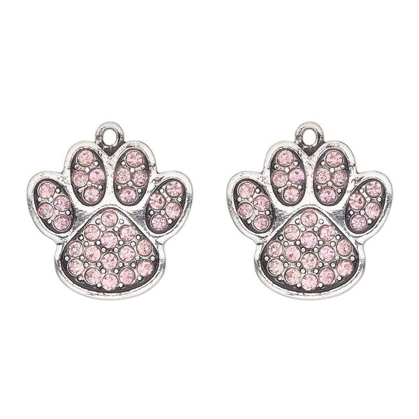 Charm, antique silver-finished "pewter" (zinc-based alloy) and glass, pink, 24x23mm single-sided paw print. Sold per pkg of 2. image number 0
