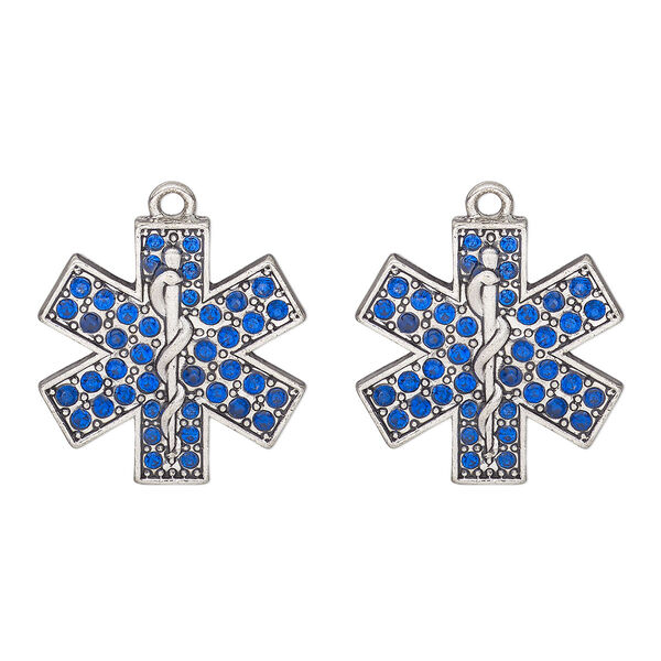 Charm, antique silver-finished "pewter" (zinc alloy) and glass, blue, 24x23mm single-sided Star of Life. Sold per pkg of 2. image number 0