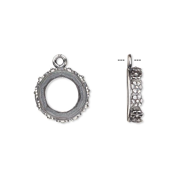 Drop, JBB Findings, antique silver-plated brass, 14.5mm round with open back and flower design trim, 12mm round bezel setting. Sold per pkg of 2. image number 0