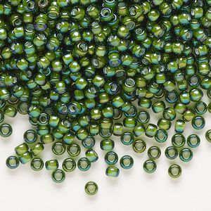 Seed bead, Miyuki, glass, pkg/250g, #8 rocaille, translucent white-lined luster light green, (RR-3764).