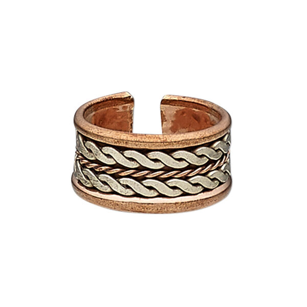 Ring, antiqued brass and aluminum, 12mm wide with twisted wire and wave design, size 9. Sold individually. image number 0