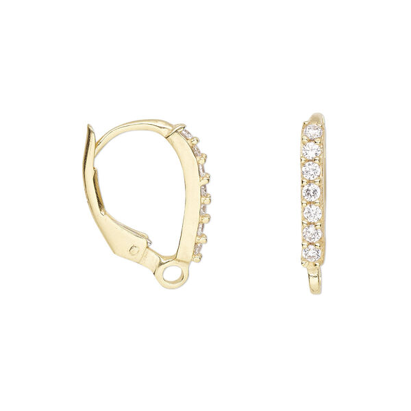 Ear wire, gold-plated sterling silver and cubic zirconia, clear, 16mm leverback with closed loop. Sold per pair. image number 0