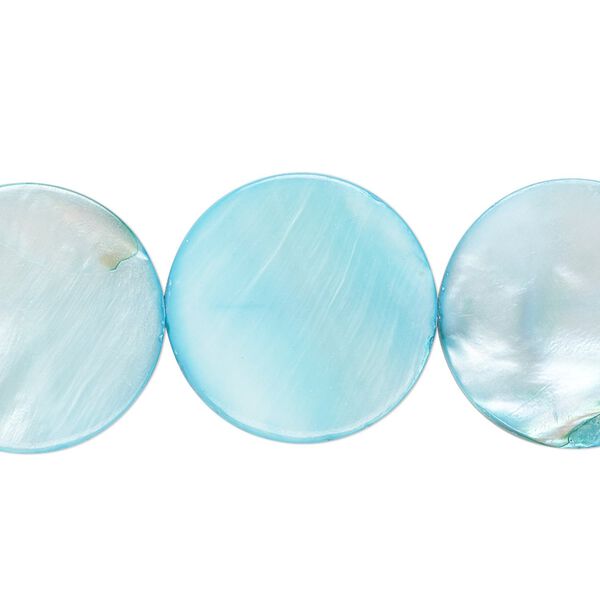 Bead, mother-of-pearl shell (dyed), aqua blue, 20mm flat round with 0.6-0.8mm hole, Mohs hardness 3-1/2. Sold per 15-inch strand. image number 0