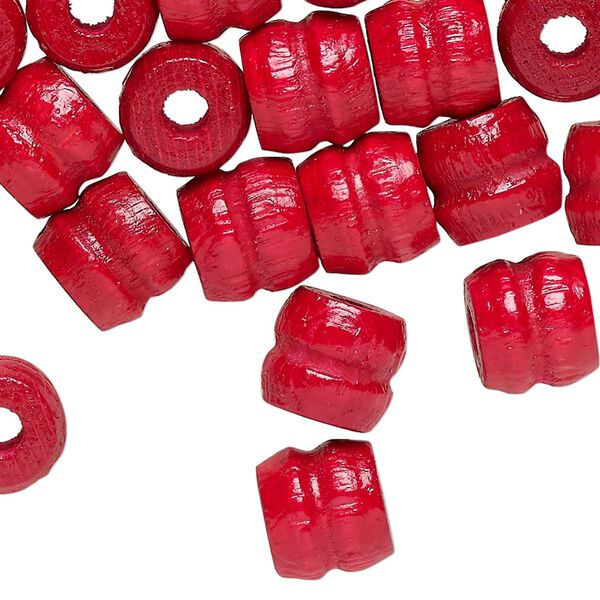 Bead, wood (dyed/waxed), red, 11x9mm ribbed barrel. Sold per pkg of 100. image number 0