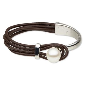 Bracelet, 4-strand, leather (dyed) / plastic / rhodium-plated "pewter" (zinc-based alloy), dark brown and white, 7mm wide, 6-1/2 inches with 13mm round button clasp. Sold individually.