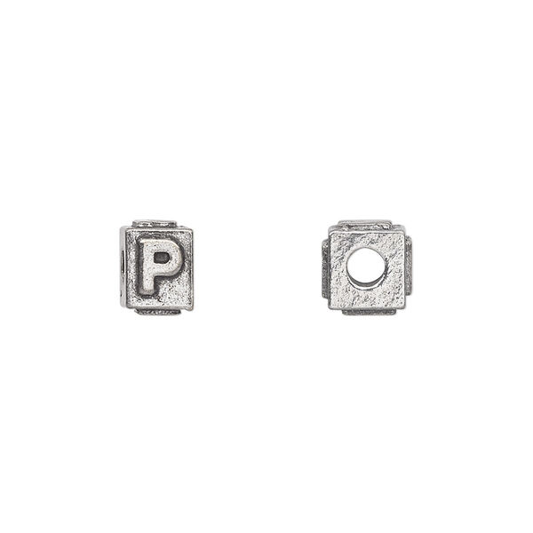 Bead, antiqued pewter (tin-based alloy), 8x6mm rectangle with alphabet letter "P". Sold per pkg of 4. image number 0