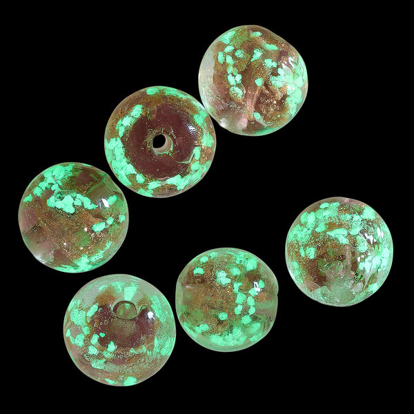 Bead, lampworked glass, clear / purple / glow-in-the-dark / gold, 12mm round. Sold per pkg of 6. image number 1
