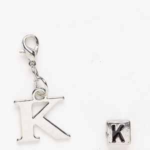 Charm and bead 1pkg2 antiqued silver-finished "pewter" (zinc-based alloy) / steel / enamel, black, 16x13mm "K" with lobster claw clasp and 7mm cube with "K".