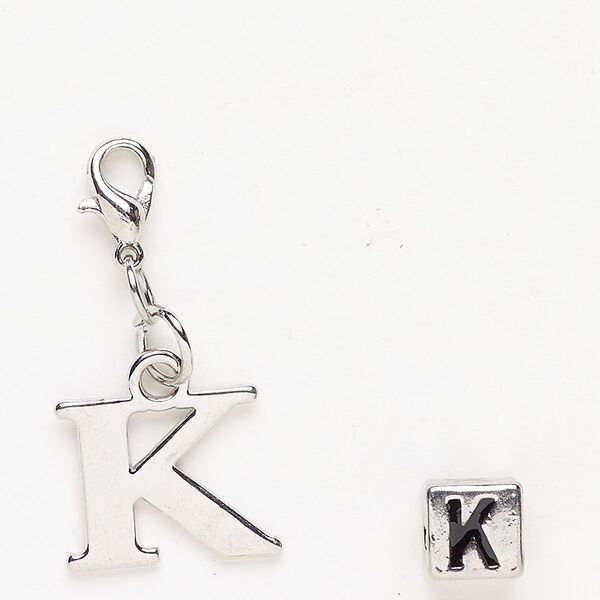 Charm and bead 1pkg2 antiqued silver-finished "pewter" (zinc-based alloy) / steel / enamel, black, 16x13mm "K" with lobster claw clasp and 7mm cube with "K". image number 0