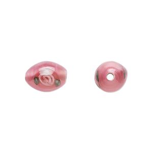 Bead, Czech lampworked glass, opaque pink and green, 9x6mm-10x7mm olive with flower design. Sold per pkg of 4.