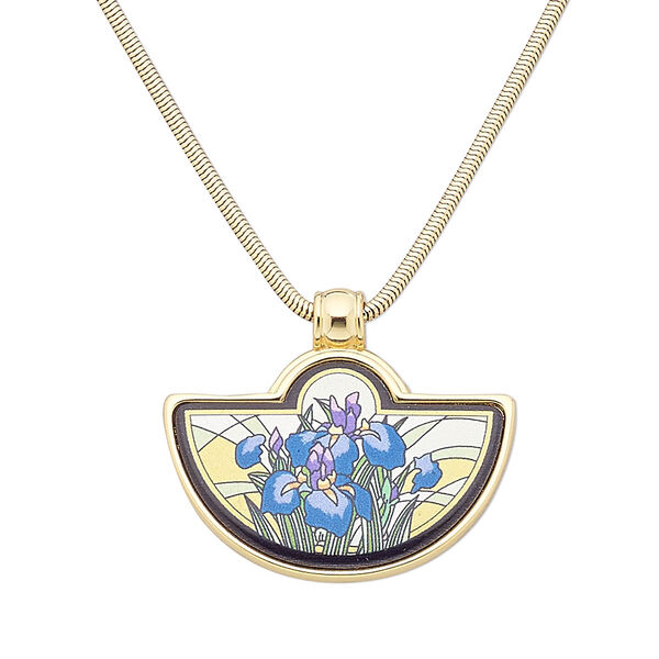 Necklace, enamel and gold-plated brass, multicolored, 47x41mm shield with iris design, 16 inches with 2-inch extender chain and lobster claw clasp. Sold individually. image number 0