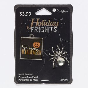 Charm and drop mix, acrylic / resin / antique silver-finished "pewter" (zinc-based alloy), multicolored, 25x23mm spider and 27mm square with "Happy HALLOWEEN" and pumpkin. Sold per pkg of 2.