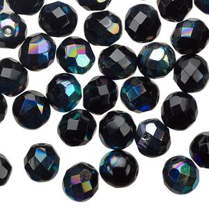 Bead 1pkg50 Czech fire-polished glass, 8mm faceted round, opaque jet black AB