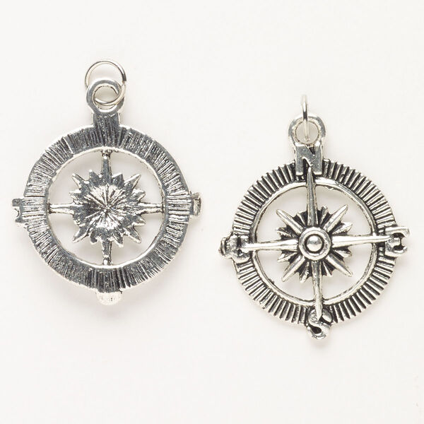 Charm, "pewter" (zinc-based alloy) and steel, pkg/2, antique silver finish, 25mm single-sided compass. image number 0
