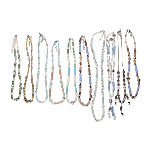 Necklace mix, cat's eye glass (fiber optic glass) / acrylic / silver-coated plastic / glass / steel, multicolored, 4mm-22x14mm multi-shape, 16-26 inches with lobster claw clasp and 2 to 3-inch extender chain. Sold per pkg of 10. image number 0