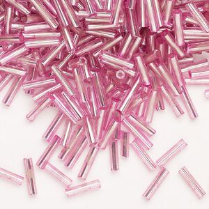 Bead, Ming Tree™, bugle bead, glass, pkg/1/4 pound, 1/4 inch, silver-lined dyed color translucent pink.