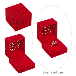 Box, ring, flocked and padded velveteen / acrylic / steel, red, 2-3/8 x 2-1/4 x 1-8/9 inch hinged rectangle. Sold individually.