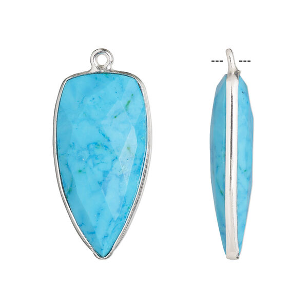 Drop, "turquoise" (imitation) resin and sterling silver, blue, 27x14mm-28x15mm hand-cut double-sided faceted dagger. Sold individually. image number 0