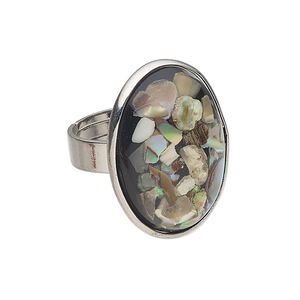 Ring 1pkg1 brass / multi-shell, 26x19mm oval, bleached/assembled silver finish / multicolored