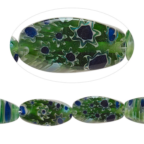 Bead, millefiori glass, translucent multicolored, 15x8mm-16x8mm 4-sided twisted oval with 0.6-0.8mm hole. Sold per 15-inch strand. image number 0