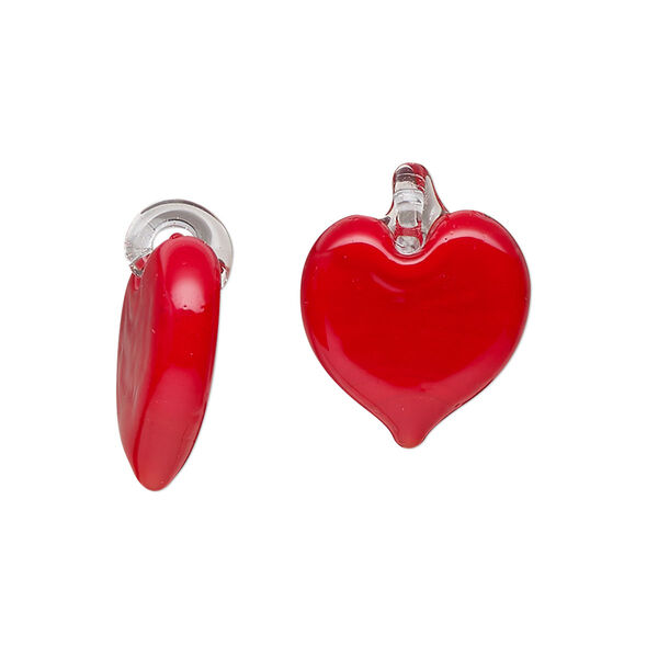 Drop, lampworked glass, translucent red and clear, 16-18mm heart. Sold per pkg of 2. image number 0
