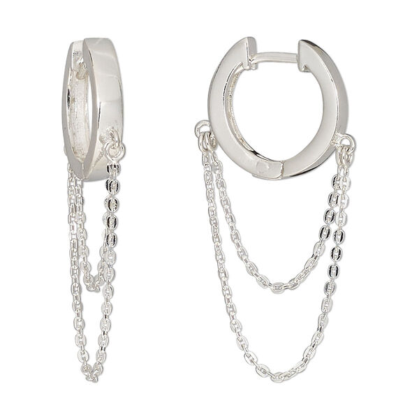 Earring, sterling silver, 14mm round hoop with square tube and 21mm chain drape with hinged closure, 18 gauge. Sold per pair. image number 0