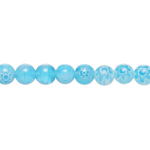 Bead, millefiori glass 1pkg1, translucent light blue and white, 6mm round, 15 inches.
