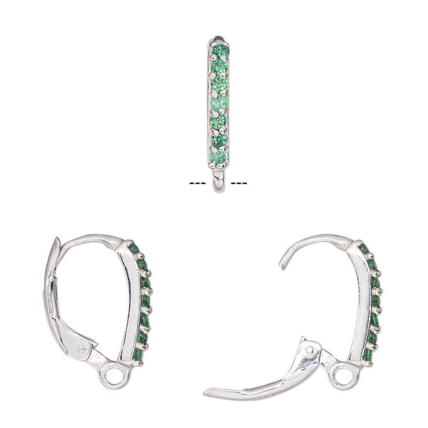 Ear wire, cubic zirconia and sterling silver, green, 16mm leverback with closed loop. Sold per pair. image number 0