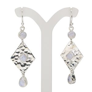 Earring, rainbow moonstone (natural) and sterling silver, 2-1/4 inches with hammered diamond and fishhook ear wire, 21 gauge. Sold per pair.