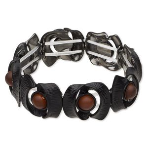 Bracelet, stretch, acrylic and gunmetal-finished "pewter" (zinc-based alloy), black and topaz, 20mm wide with painted ribbon design, 7 inches. Sold individually.