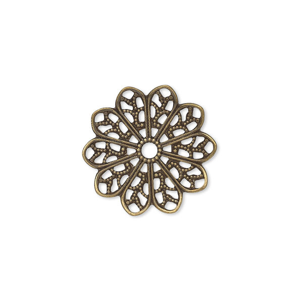 Component, antique gold-plated brass, 20mm single-sided round fancy flower with cutout design. Sold per pkg of 10. image number 0