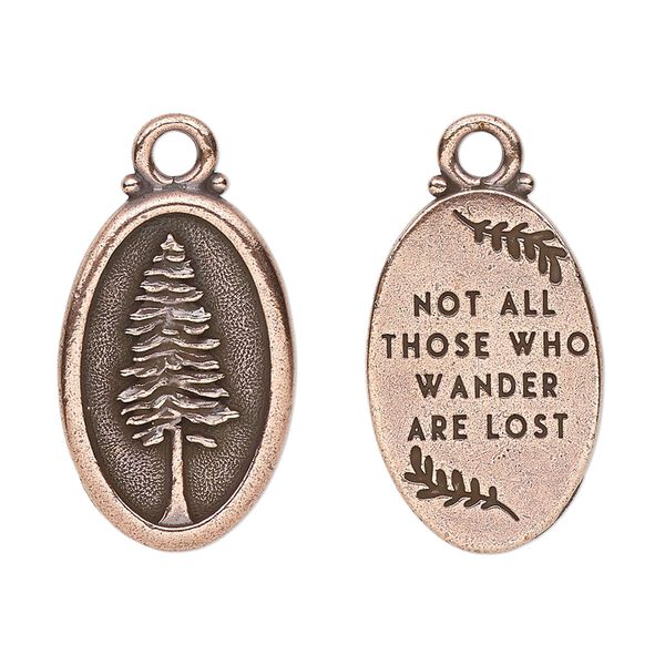 Charm, TierraCast®, antique copper-plated pewter (tin-based alloy), 26x16mm 2-sided oval with redwood and "Not all those who wander are lost." Sold per pkg of 20. image number 0