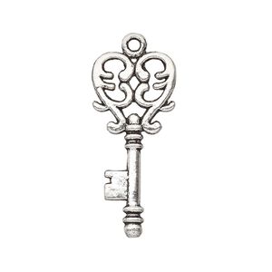Focal, antique silver-plated "pewter" (zinc-based alloy), 30x13.5mm double-sided key with filigree heart design. Sold per pkg of 12.