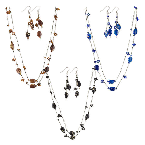 Necklace and earring set, acrylic / glass seed bead / nylon / imitation rhodium-plated steel, black / brown / cobalt, 11x9mm flat oval, 18 inches with lobster claw clasp and 1-1/2 inch extender chain, 2-1/2 inch earrings with fishhook earwires. Sold per pkg of 3 sets. image number 0