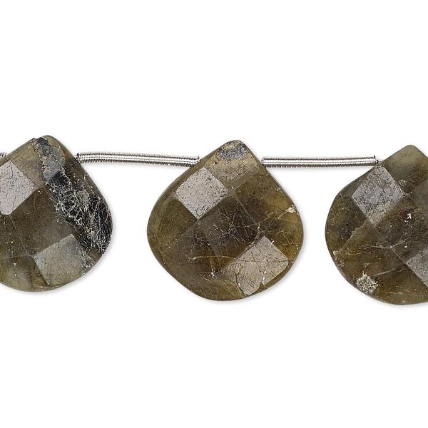Bead, labradorite (natural), 16x15mm-17mm hand-cut top-drilled faceted puffed teardrop, D grade, Mohs hardness 6 to 6-1/2. Sold per pkg of 8 beads. image number 0