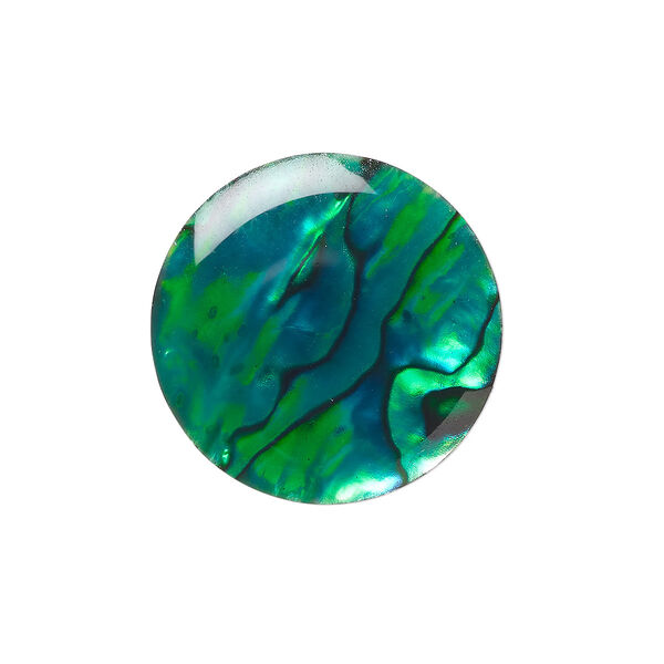 Cabochon, paua shell (coated / dyed), green, 20mm calibrated round, Mohs hardness 3-1/2. Sold per pkg of 2. image number 0