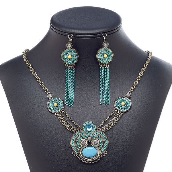 Necklace and earring set, acrylic rhinestone / acrylic / glass rhinestone / enamel / antique gold-finished brass / steel / "pewter" (zinc-based alloy), multicolored, 18-inch necklace with 3-inch extender chain and lobster claw clasp, 3-1/2 inch earrings with leverback ear wire. Sold per set. image number 0