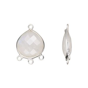 Drop, sterling silver and rainbow moonstone (natural), 15x14mm hand-cut double-sided faceted teardrop with 3 closed loops, Mohs hardness 6 to 6-1/2. Sold individually.