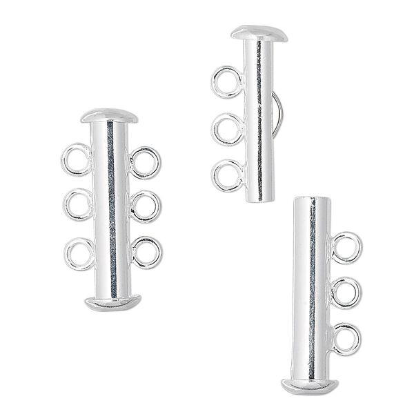 Clasp, 3-strand slide lock, silver-plated brass, 21x6mm tube. Sold per pkg of 4. image number 0